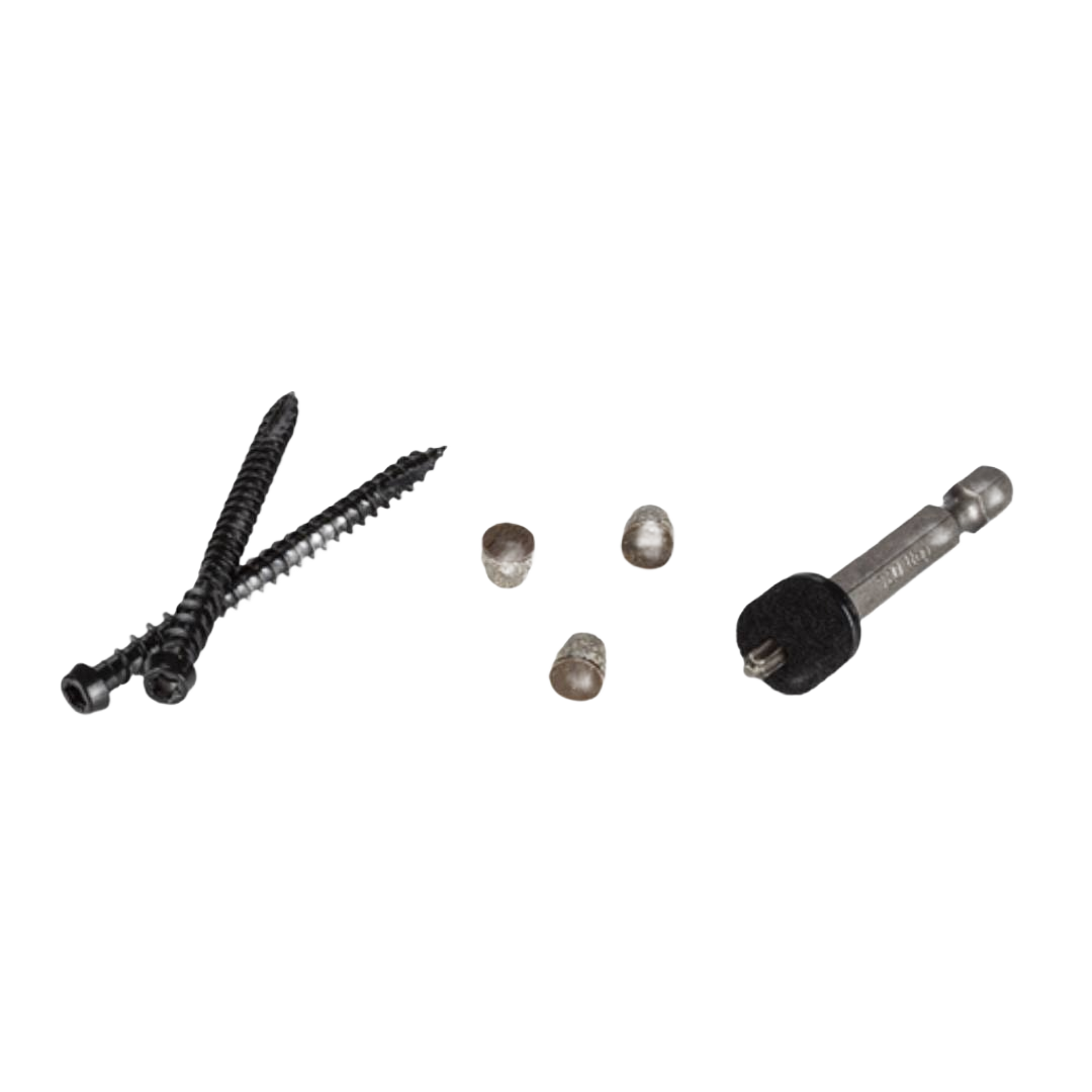 Set of mocha-colored hidden fasteners and matching plugs with installation bit for deck accessories and lumber projects