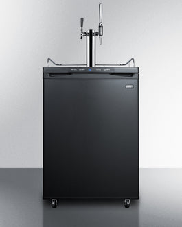 Black freestanding coffee kegerator with dual draft towers, digital controls, and caster wheels in kitchen appliances collection