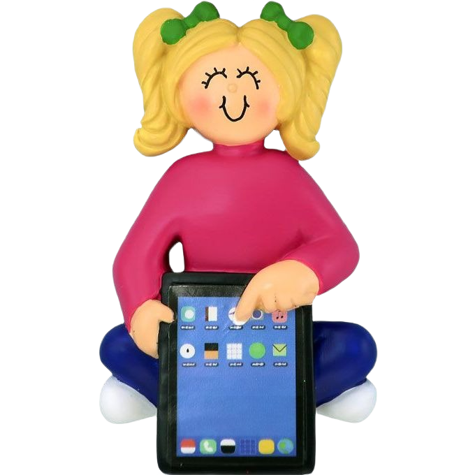 Blonde child figurine with green bows holding tablet in colorful outfit Christmas ornament under $50 collection
