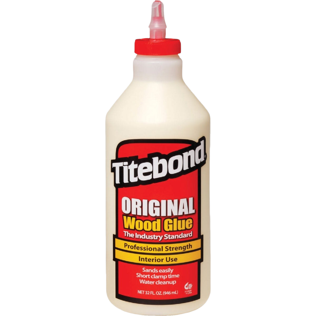 Plastic bottle of Titebond wood glue with red and black label for home improvement and woodworking supplies