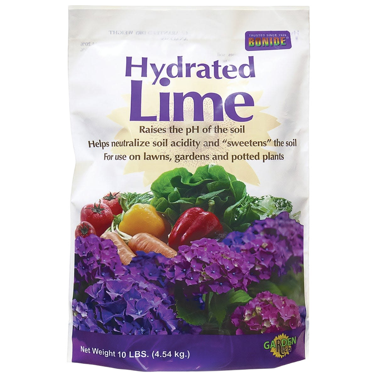 Bag of Bonide Hydrated Lime, 10 lb., used to raise soil pH and improve garden soil for plant care and lawn fertilizer