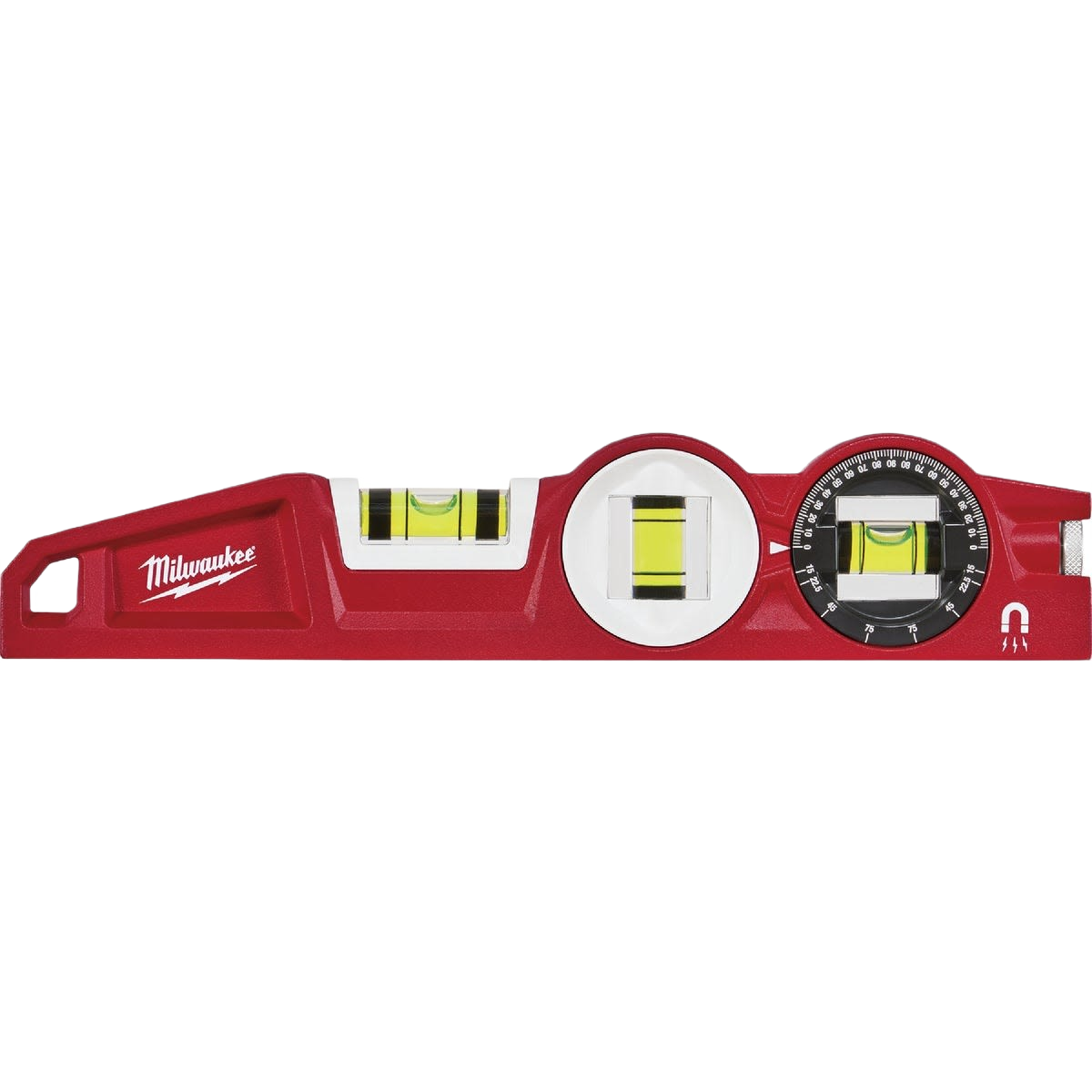 Red Milwaukee die cast torpedo level with multiple vials and 360-degree locking vial, for woodworking and measuring tools.