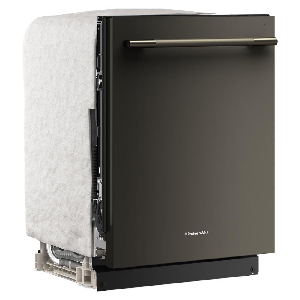 Built-in black KitchenAid dishwasher with towel bar handle and protective insulation cover in Kitchen & Kitchenware collection