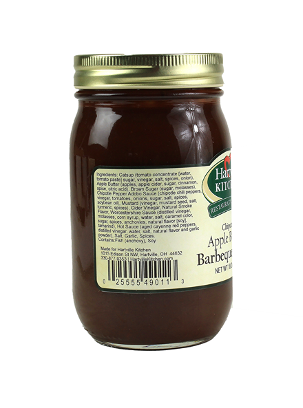 Jar of smoky chipotle apple butter barbeque sauce with ingredient label in sauces and grilling collections