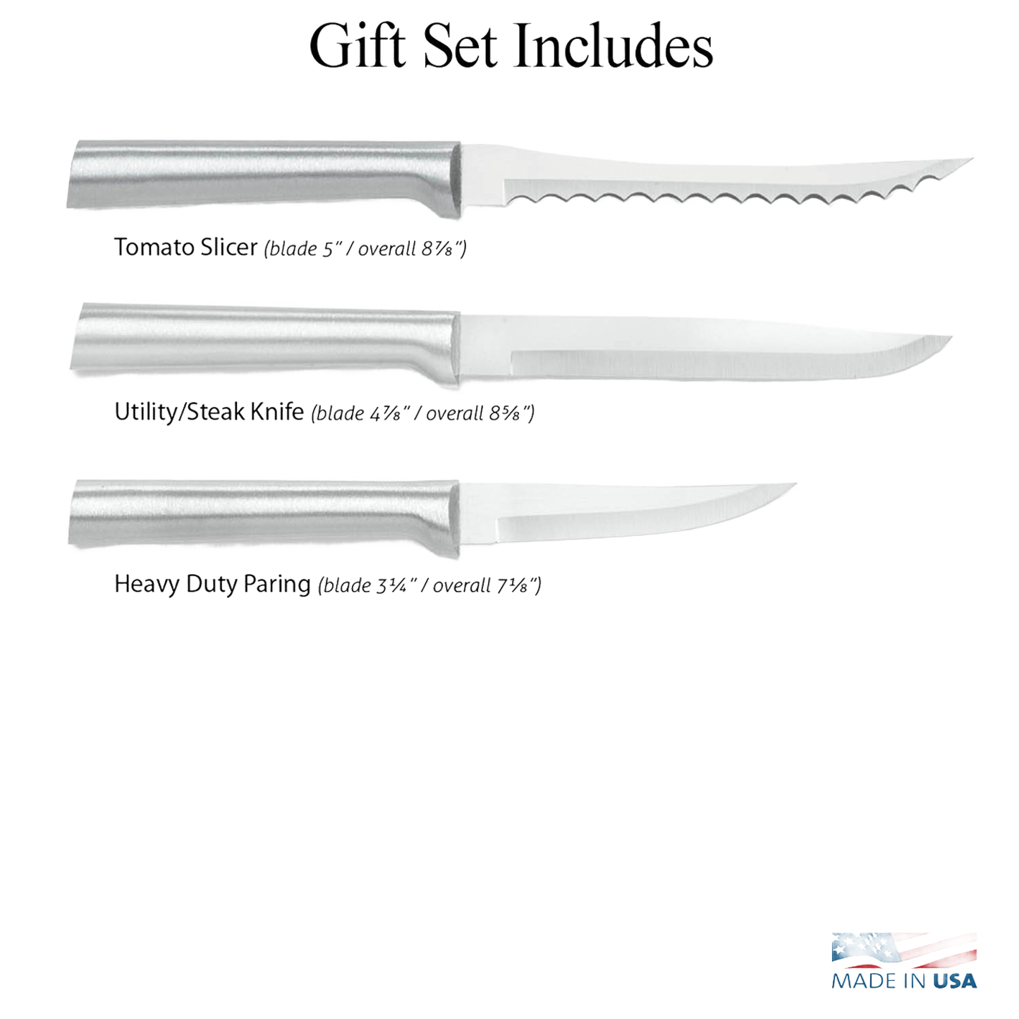 Three-piece stainless steel Rada knives set with serrated, utility, and paring blades from Kitchenware collection