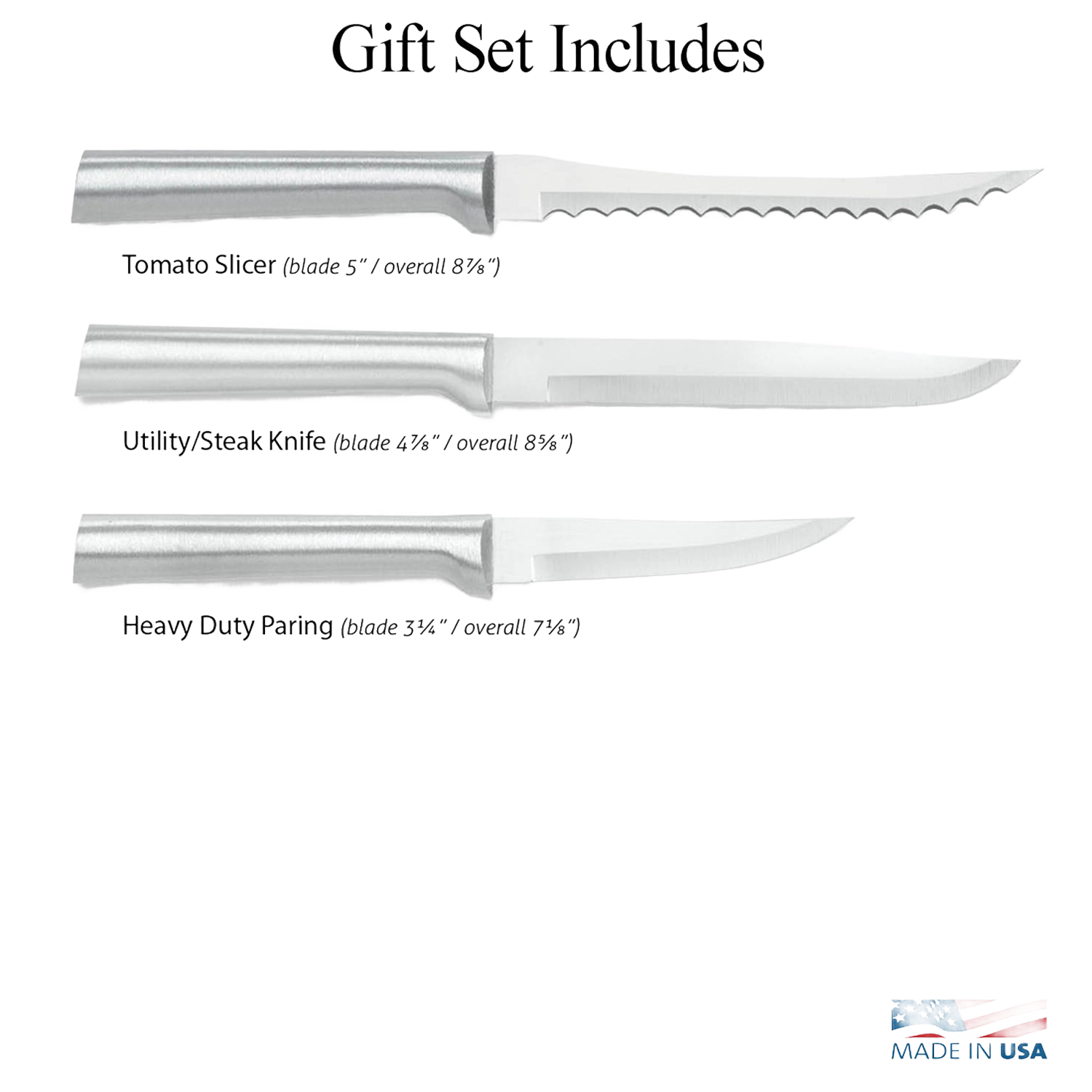 Three-piece stainless steel Rada knives set with serrated, utility, and paring blades from Kitchenware collection