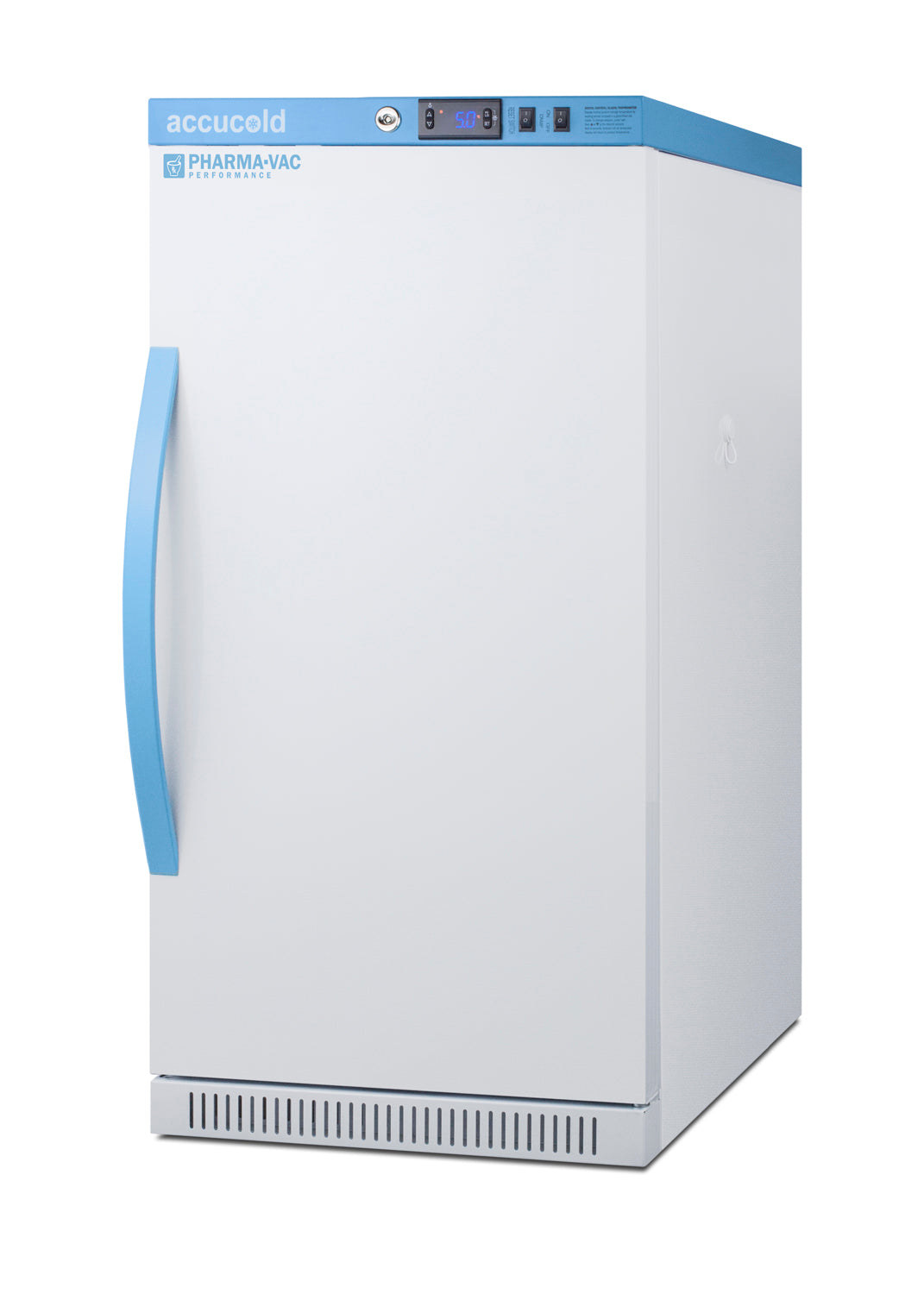 White and blue upright vaccine refrigerator designed for pharmacy use with digital control panel and locking handle