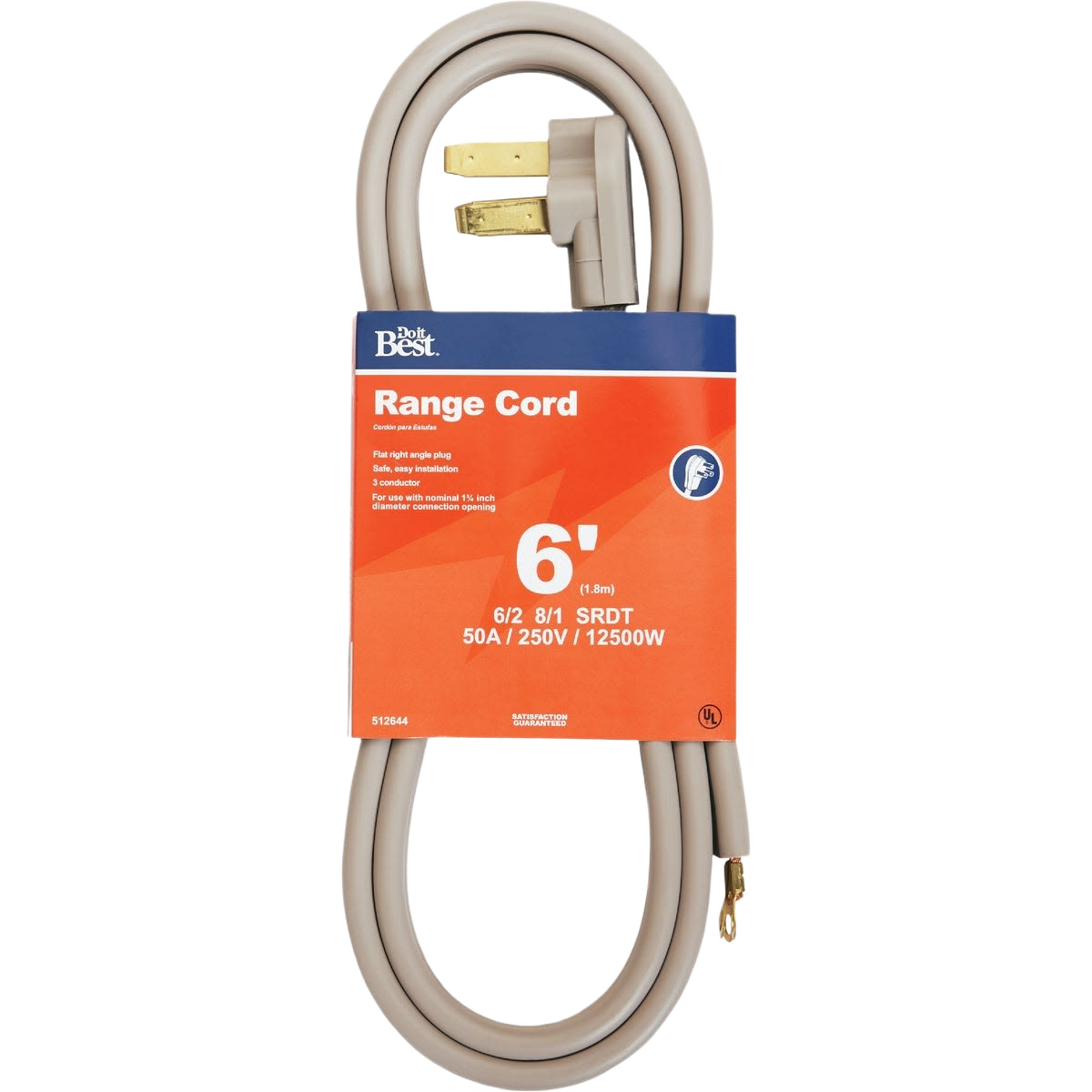 6-foot beige three-conductor range cord with right-angle plug for home improvement and appliance use