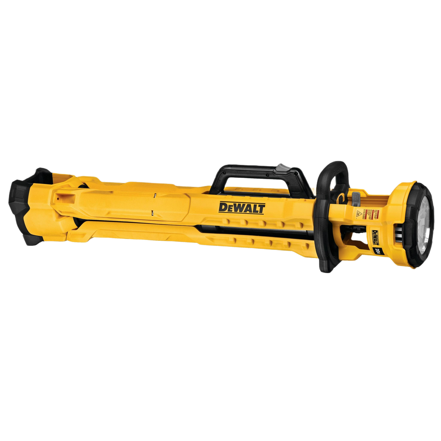 Yellow DEWALT cordless tripod light folded for compact storage in tool accessories and home improvement use