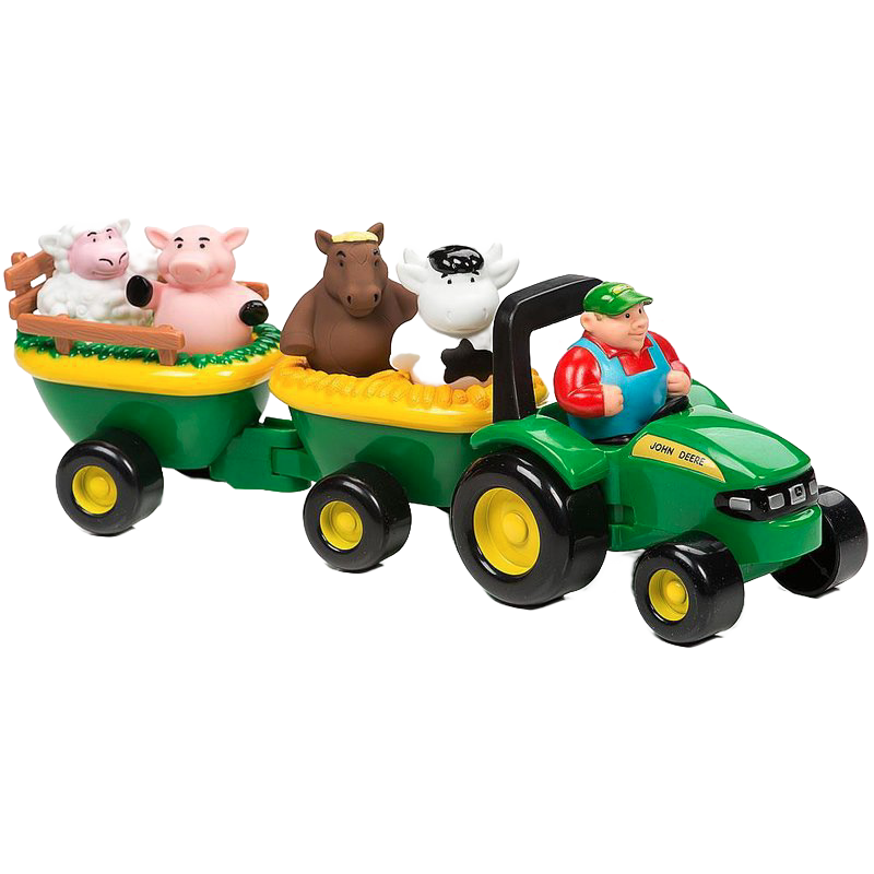 Green toy tractor pulling two trailers loaded with farm animal figures and a farmer figure in John Deere toys collection