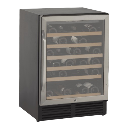 50 bottle wine chiller with stainless steel frame, glass door, wooden shelves, and built-in ventilation for kitchen appliances collections