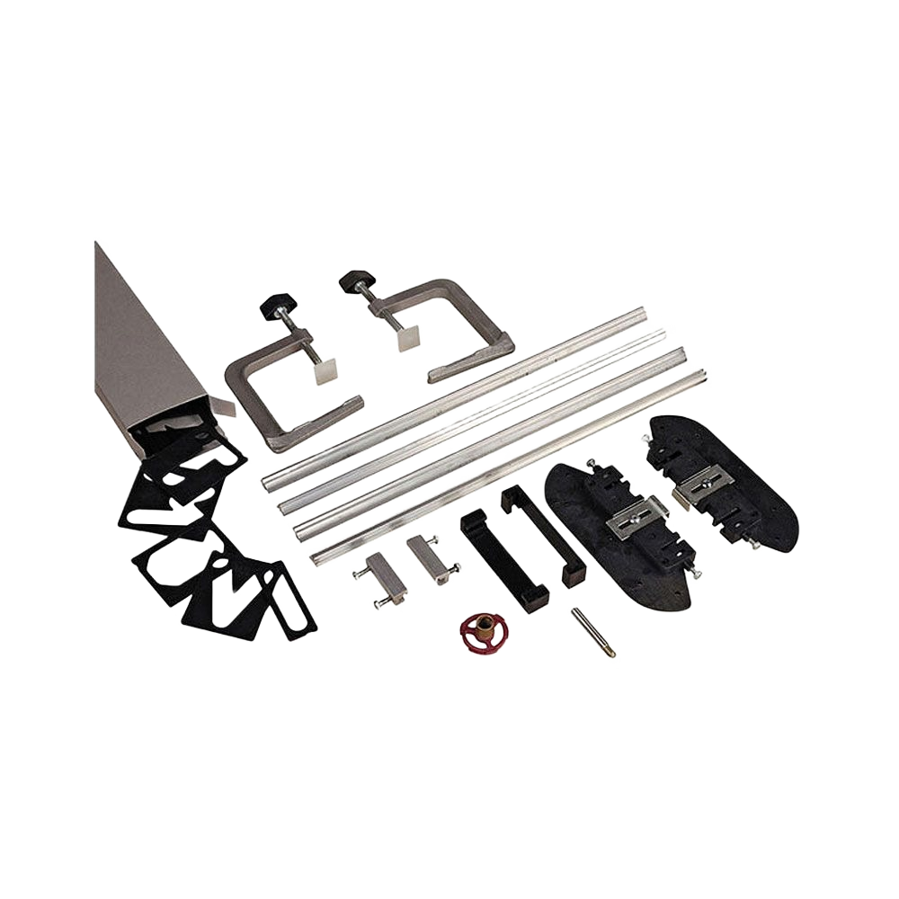 Adjustable router jig kit with metal rails, clamps, and accessories for custom wood sign making in woodworking tool accessories.