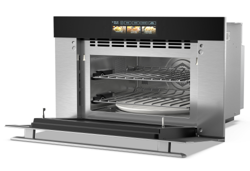 Stainless steel high-speed oven with open door, digital panel, and interior racks from Microwaves collection
