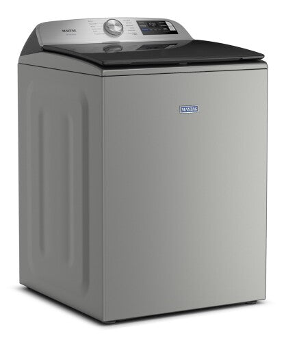 Silver smart top load washer with digital controls and pet hair removal feature in a modern appliance setting