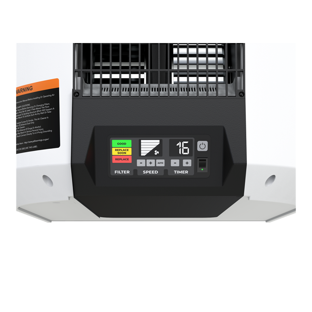 Digital control panel on a black and white air filtration unit showing filter status, speed, and timer for home improvement use