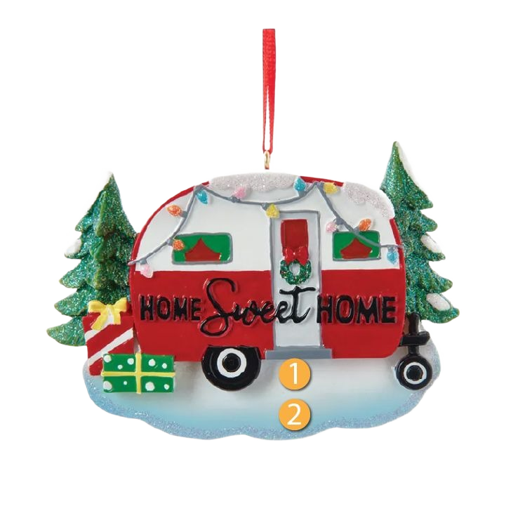 Red and white camper ornament with holiday lights, wreath, gifts, and snowy pine trees for Christmas tree decor under $50 collections