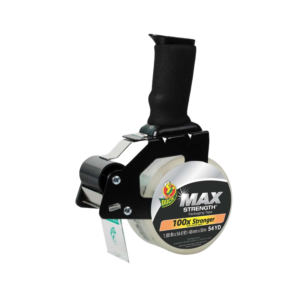 Black foam handle tape dispenser with clear packaging tape roll for home improvement and tools use