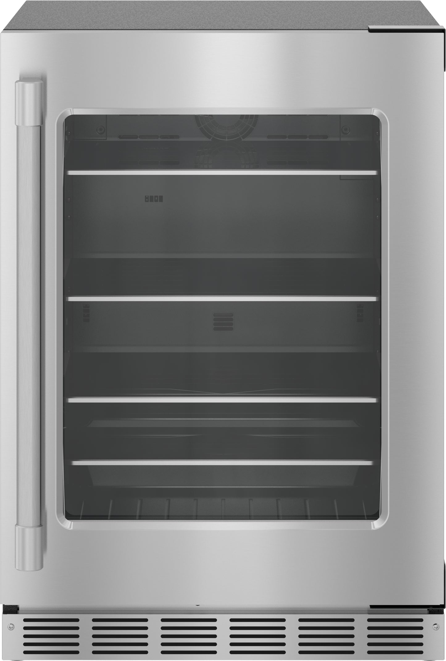 Under-counter stainless steel refrigerator with glass door, right hinge, and adjustable shelving for kitchen appliances