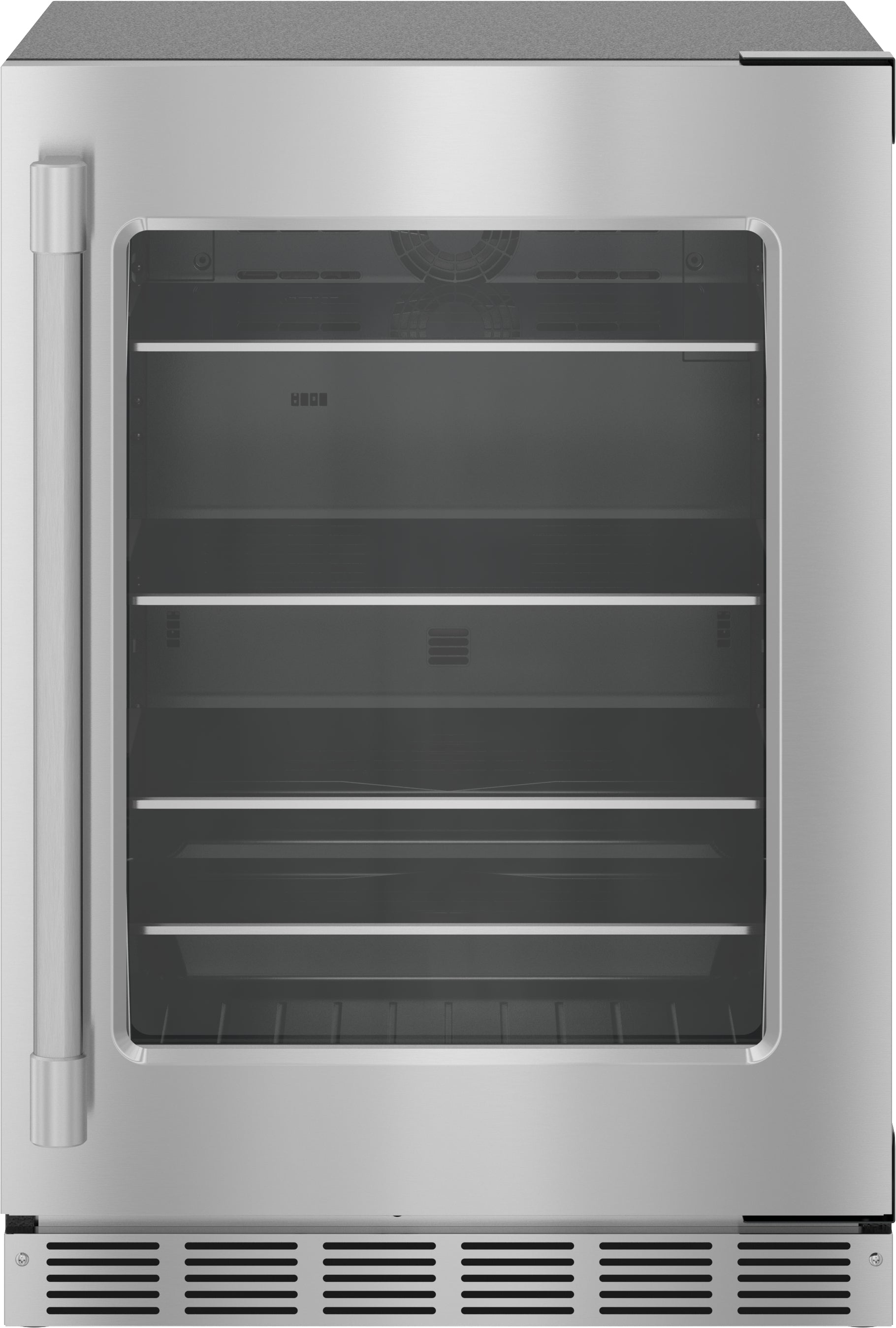 Under-counter stainless steel refrigerator with glass door, right hinge, and adjustable shelving for kitchen appliances