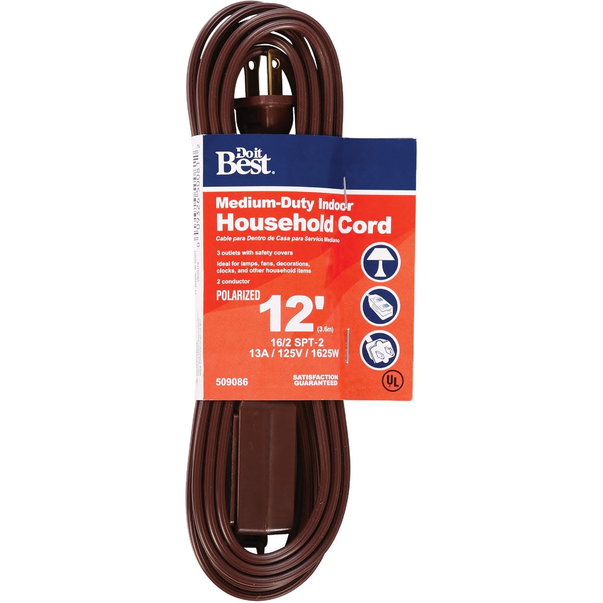 Brown 12 ft. medium-duty indoor household extension cord with three outlets for electrical and appliance use under $50