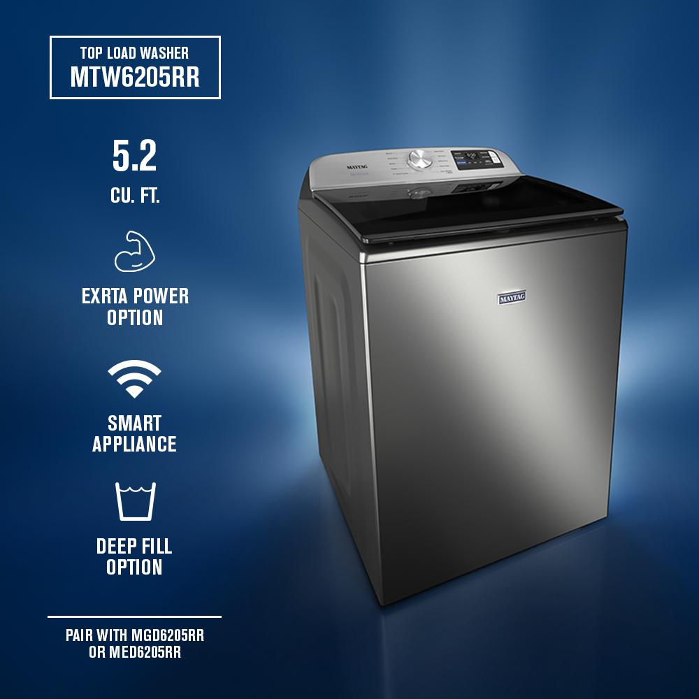 Stainless steel top load washer with smart controls, extra power option, and deep fill feature in washers and appliances collection