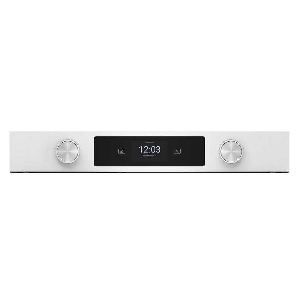 Front view of white smart wall oven control panel with digital clock display and two silver knobs