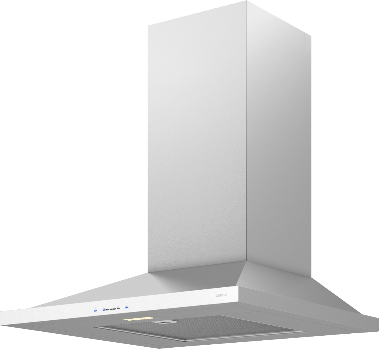 Minimalist stainless steel chimney hood with LED lights and digital touch controls from Over the Range Hoods collection