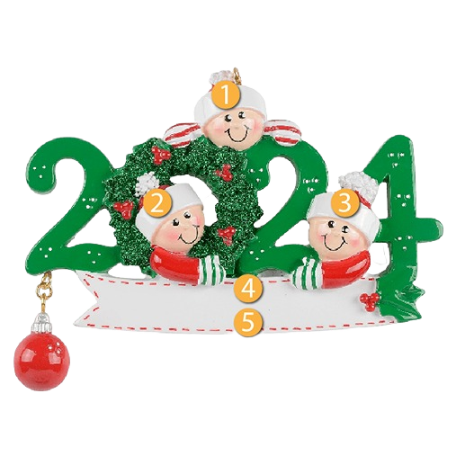 Festive green and red 2024 Christmas ornament with three smiling faces inside sparkly wreath for holiday tree decor under 50