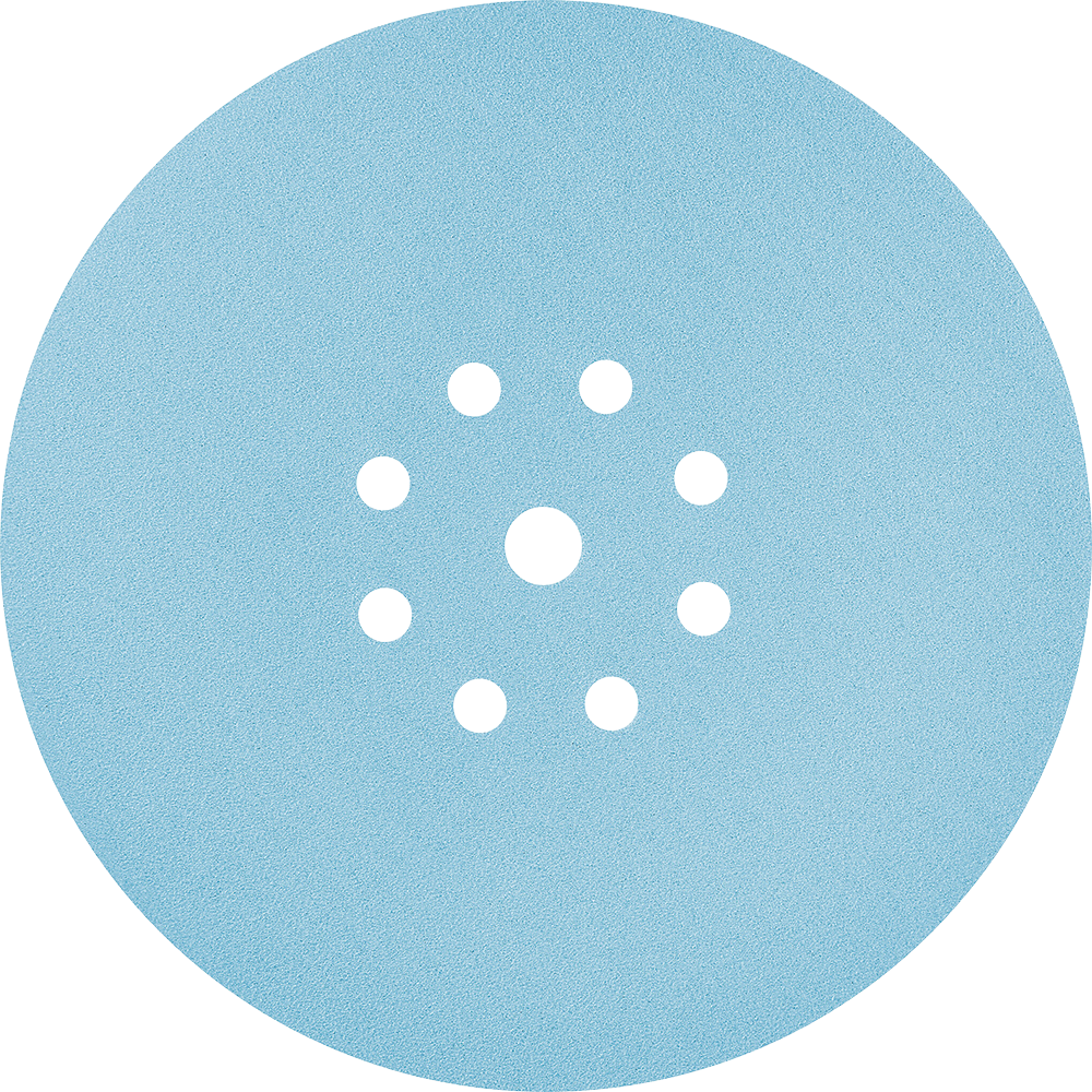 Blue circular sanding disc with perforated holes for dust extraction, designed for power tool abrasive accessories and sanding tasks