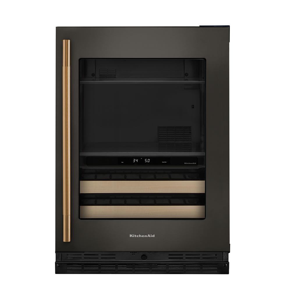 24" undercounter beverage center with glass door, wood-front racks, and digital temperature controls in KitchenAid appliances collection