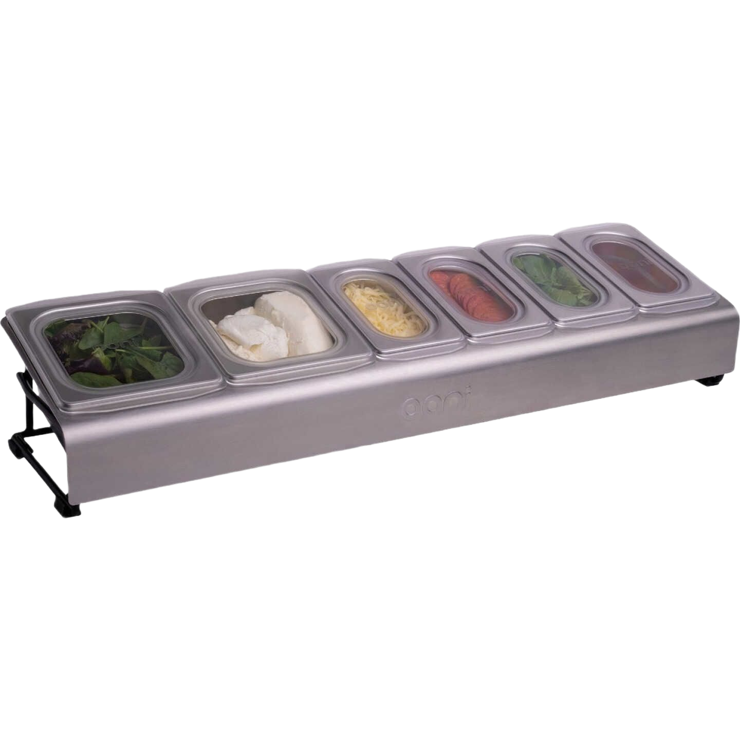 Stainless steel pizza topping station with six clear lidded containers for organized outdoor grilling use