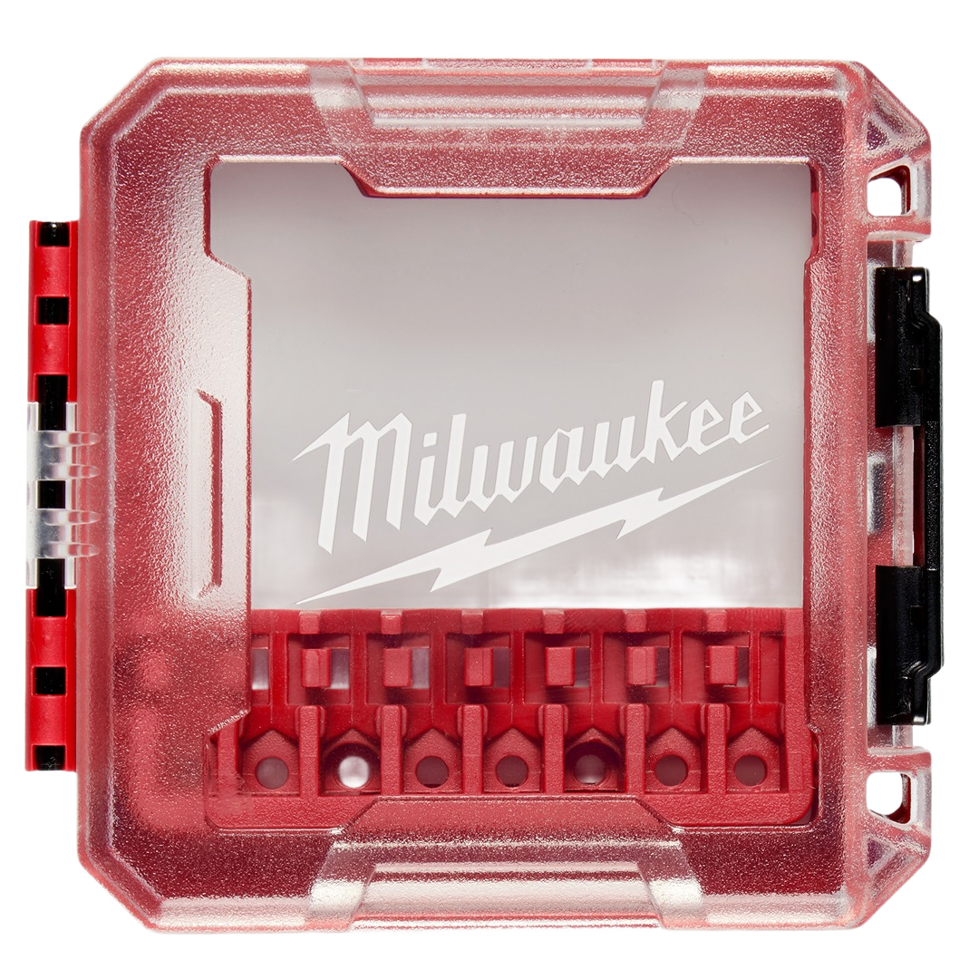 Compact red and clear plastic case with Milwaukee logo for organizing impact driver accessories in home improvement tasks