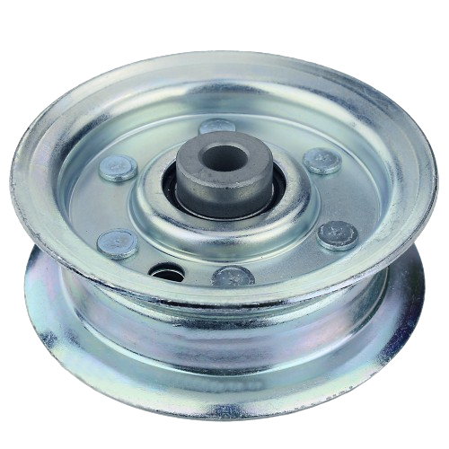 Metal idler pulley with central bearing and mounting hole for tools and home improvement projects