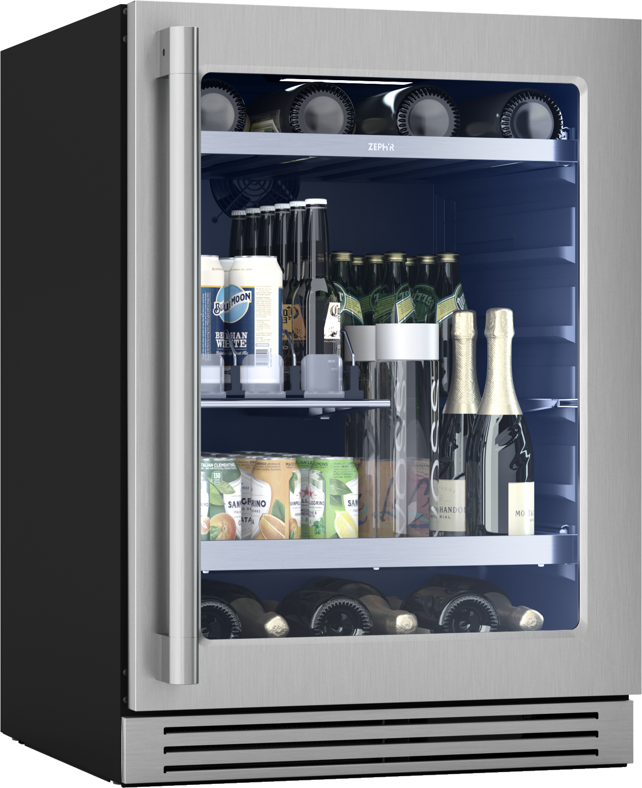 Under-counter beverage cooler with stainless steel and glass door, adjustable shelves stocked with assorted bottles and cans from Appliances collection