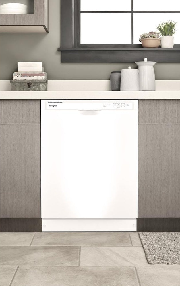 Built-in white dishwasher with quiet operation and boost cycle installed in modern kitchen cabinetry setting