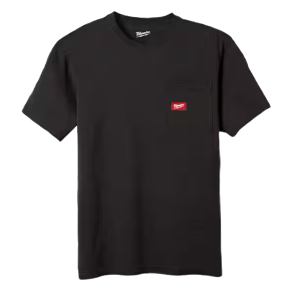 Black short-sleeve pocket t-shirt with red logo patch, designed for comfort in tools and home improvement tasks