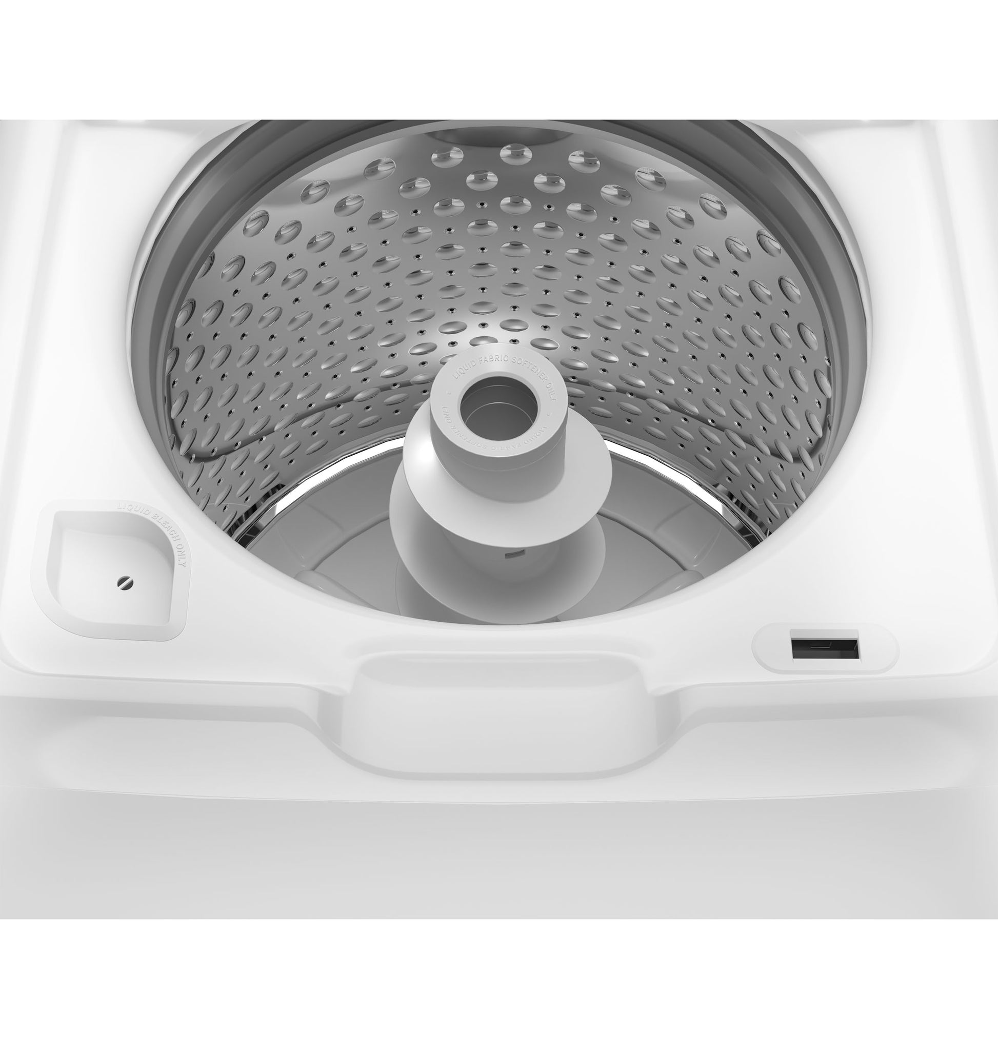 Open top view of a stainless steel drum inside a white top load washer in the washers and dryers collection