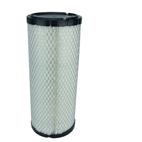 Cylindrical primary air filter element with metal mesh exterior and black plastic end caps for equipment maintenance