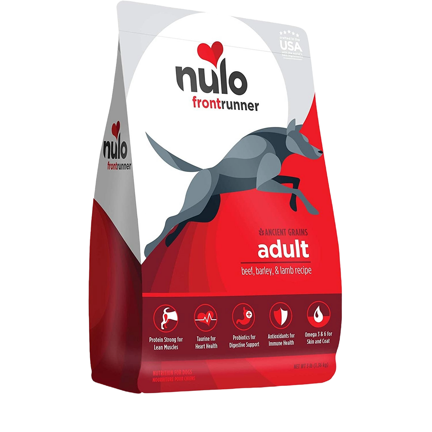 Bag of Nulo adult dry dog food with beef, barley, and lamb recipe for lean muscle and heart health support