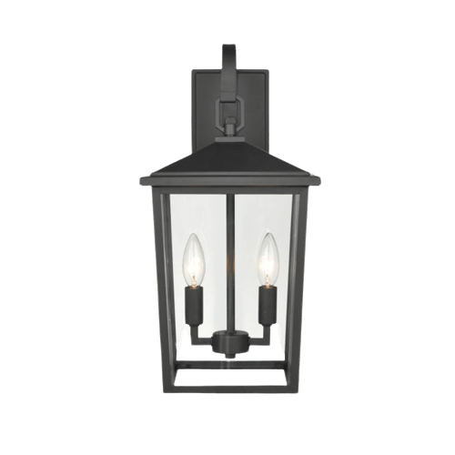 Black powder coated outdoor two-light wall sconce with clear glass panels, part of outdoor lighting and wall fixtures collections