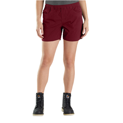 Relaxed fit women's work shorts in bordeaux with ripstop fabric and elastic waistband for comfort and durability