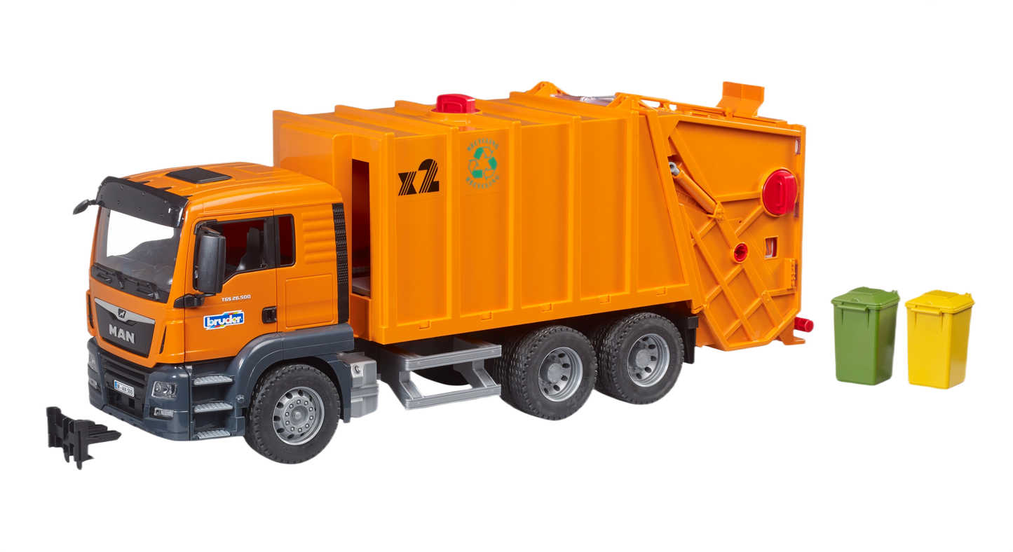 Orange Bruder MAN TGS garbage truck toy with six wheels and two small green and yellow waste bins for play