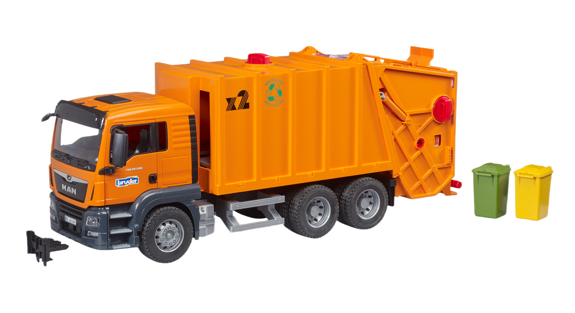 Orange Bruder MAN TGS garbage truck toy with six wheels and two small green and yellow waste bins for play
