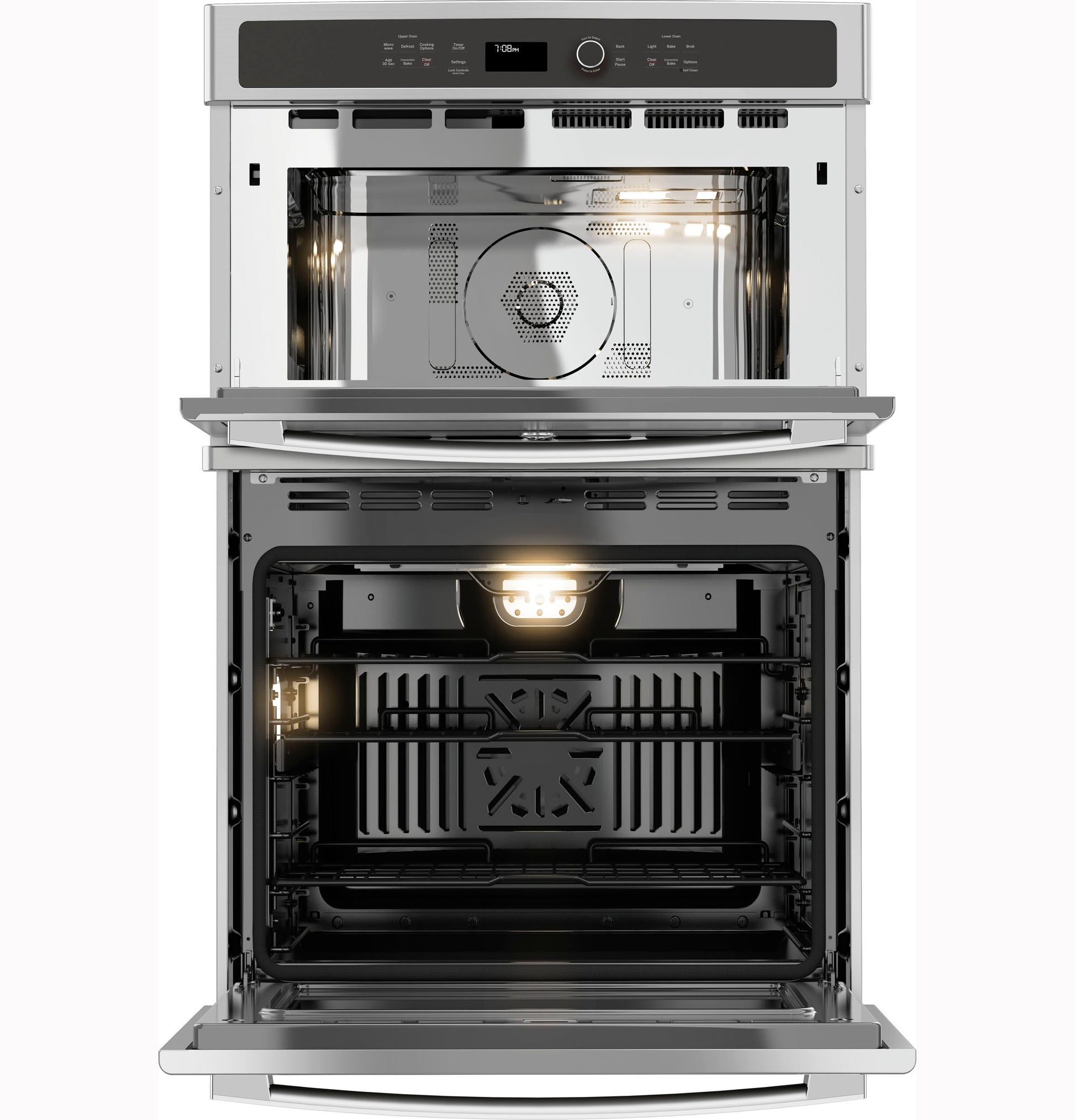 Front view of stainless steel built-in combination microwave and convection wall oven with open doors in Appliances collection