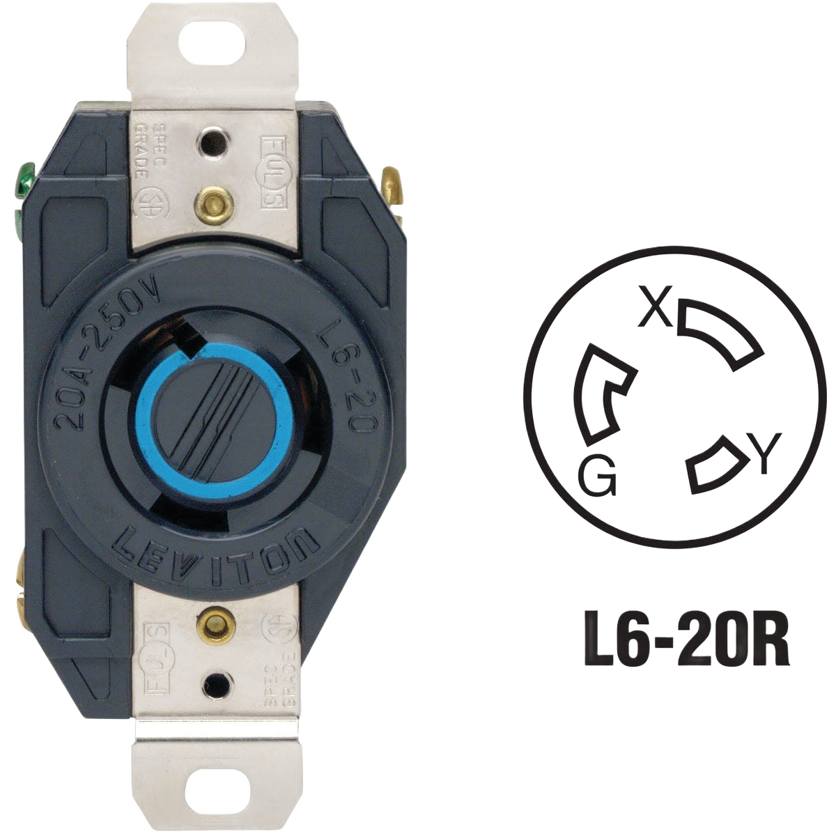 Black locking electrical outlet with blue center ring for heavy-duty electrical and home improvement applications
