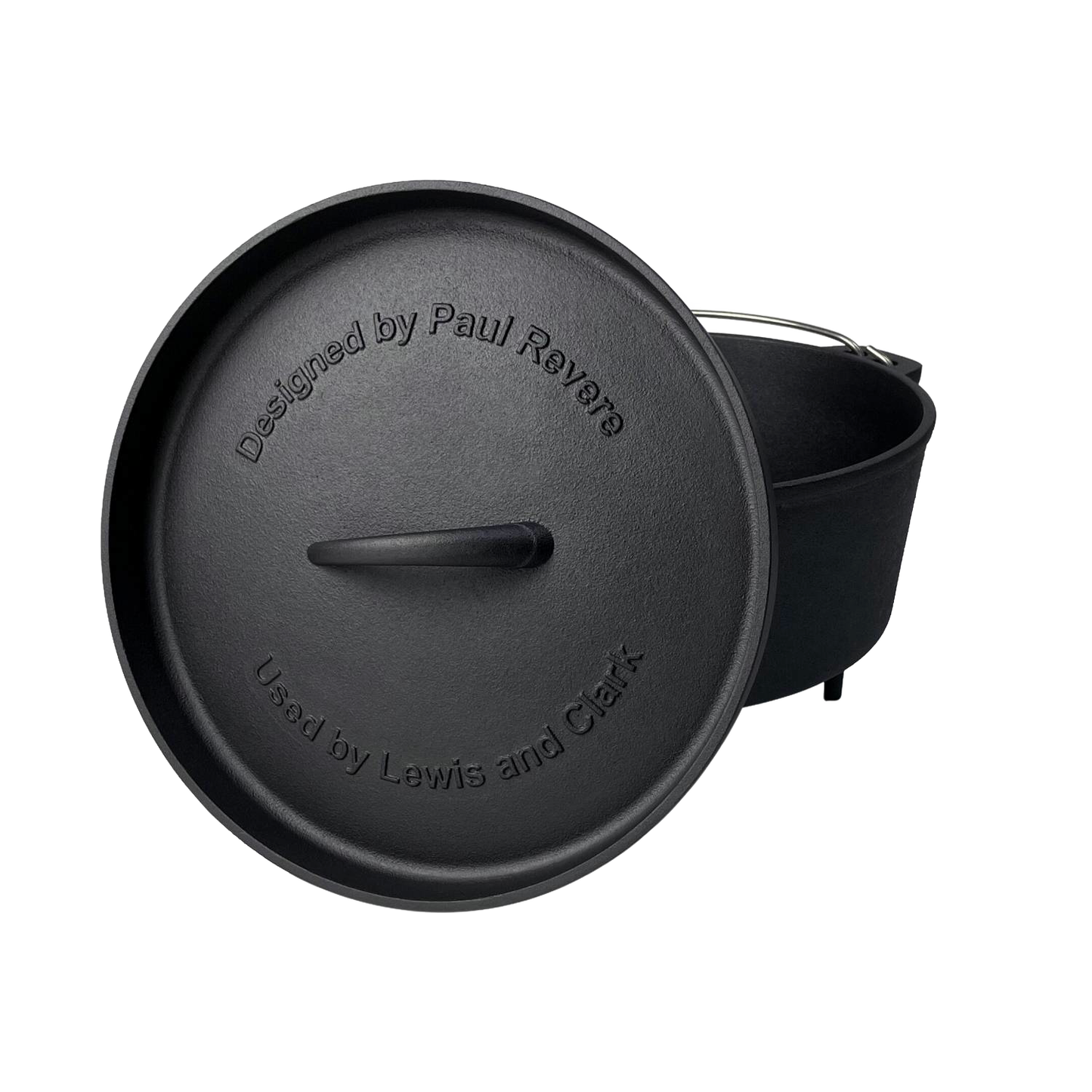 Black nitrogen hardened cast iron Dutch oven with lid engraved with historical design text from kitchenware collection