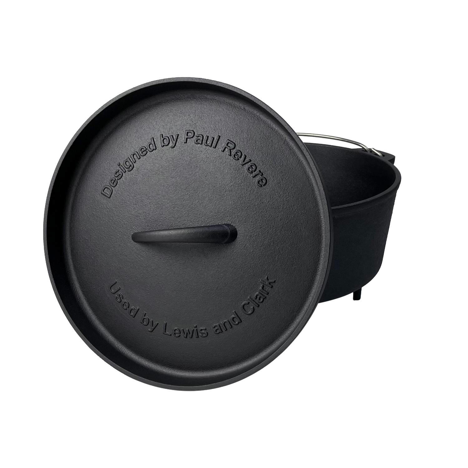Black nitrogen hardened cast iron Dutch oven with lid engraved with historical design text from kitchenware collection
