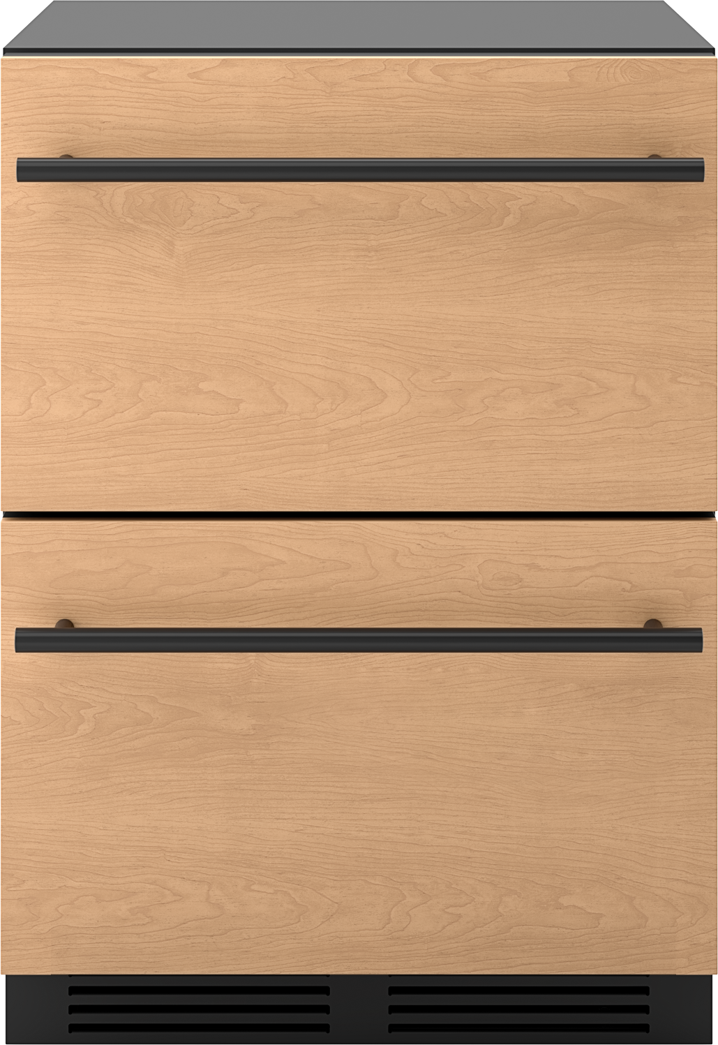Under-counter dual zone refrigerator drawers with panel ready wood finish and black horizontal handles from kitchen appliances collection
