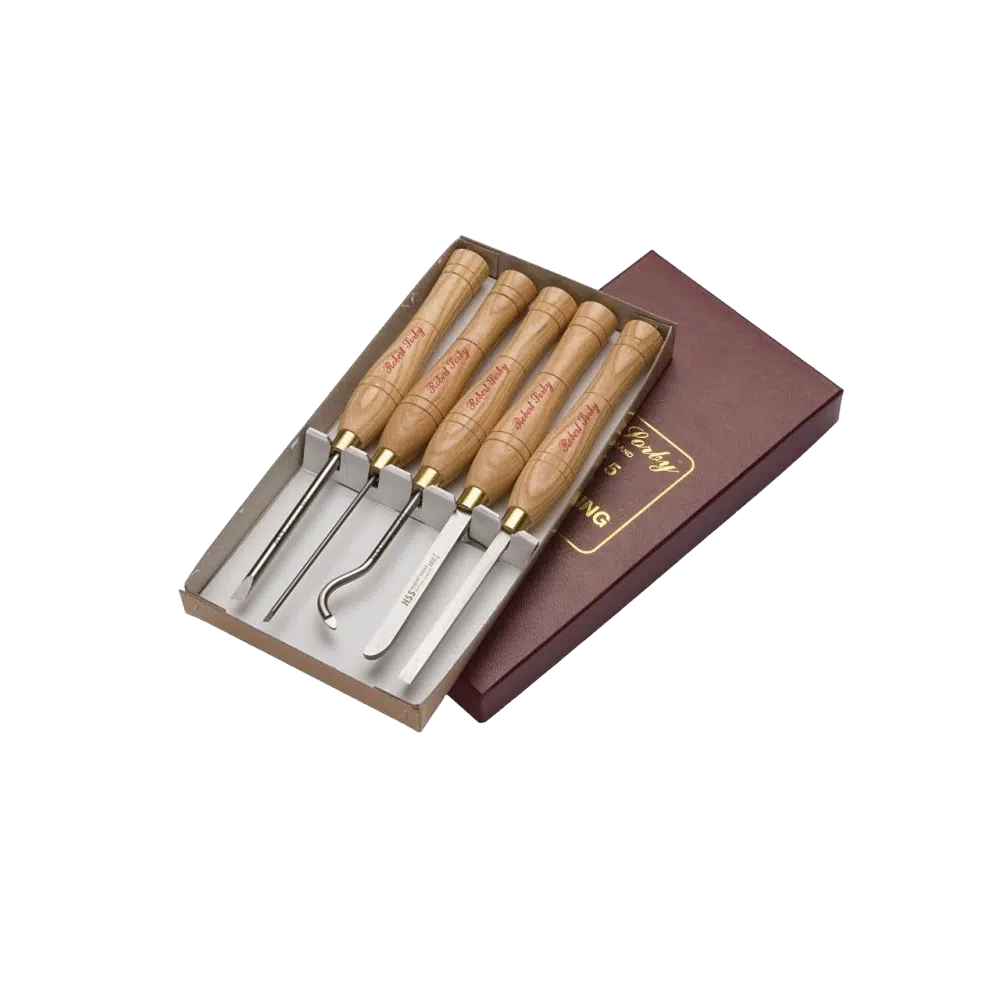 Set of five precision micro hollowing and spindle turning tools with wooden handles in a presentation box for woodworking tools collections