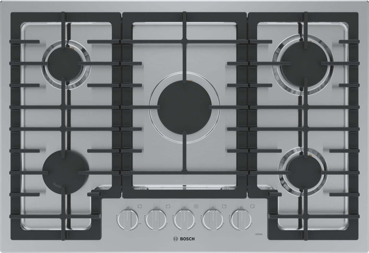 Stainless steel 30-inch gas cooktop with five burners and control knobs from Cooktops and Gas Cooktops collections